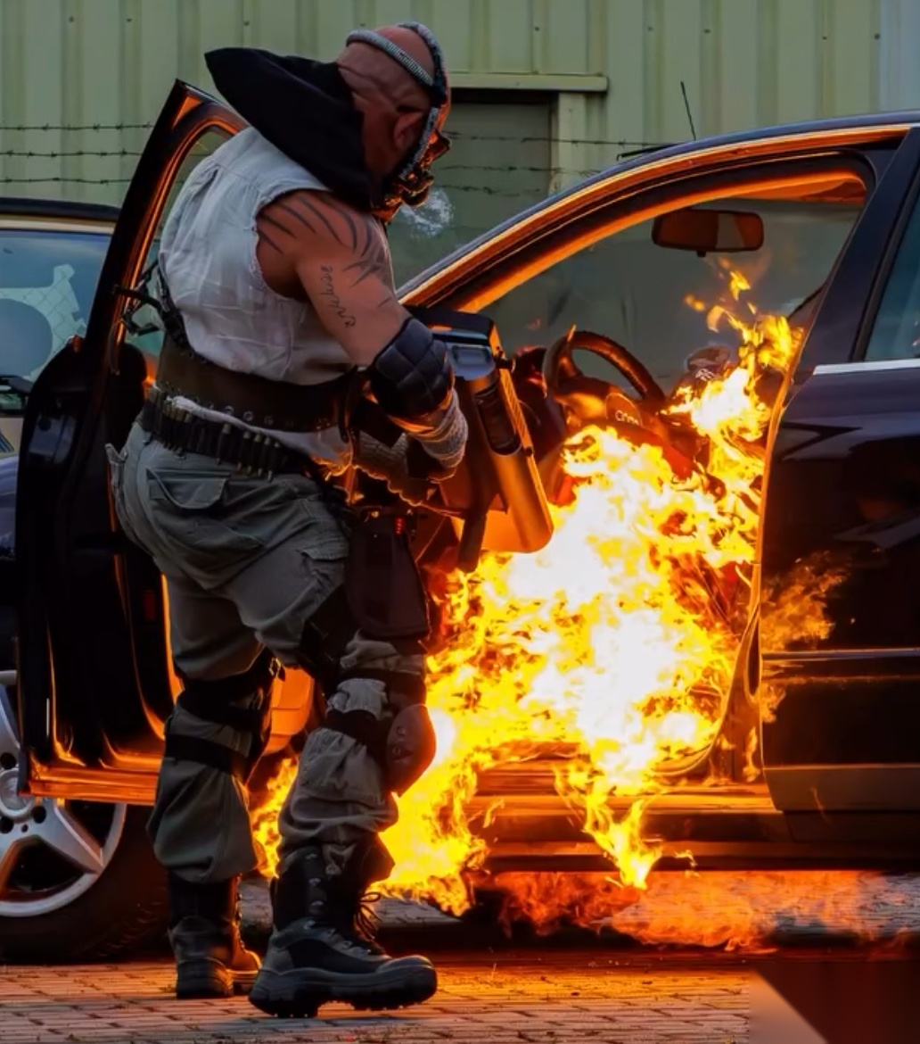 Murat Beastmode vor einem brennenden Fahrzeug